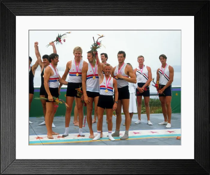Framed Print : The victorious GB coxed fours rowers celebrate gold - 1984 Los Angeles Olympics Framed Print : The victorious GB coxed fours rowers celebrate gold - 1984 Los Angeles Olympics