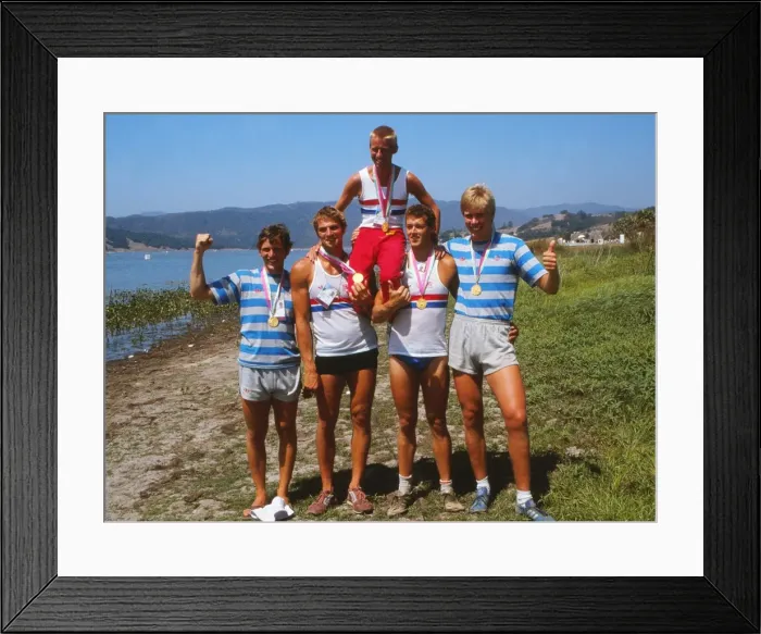 Framed Print : The victorious GB coxed fours rowers celebrate gold - 1984 Los Angeles Olympics Framed Print : The victorious GB coxed fours rowers celebrate gold - 1984 Los Angeles Olympics