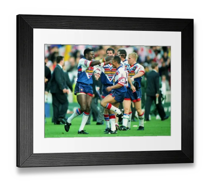 Framed Print : Great Britains Martin Offiah (left) and Jason Robison celebrate at the end of the game Framed Print : Great Britains Martin Offiah (left) and Jason Robison celebrate at the end of the game