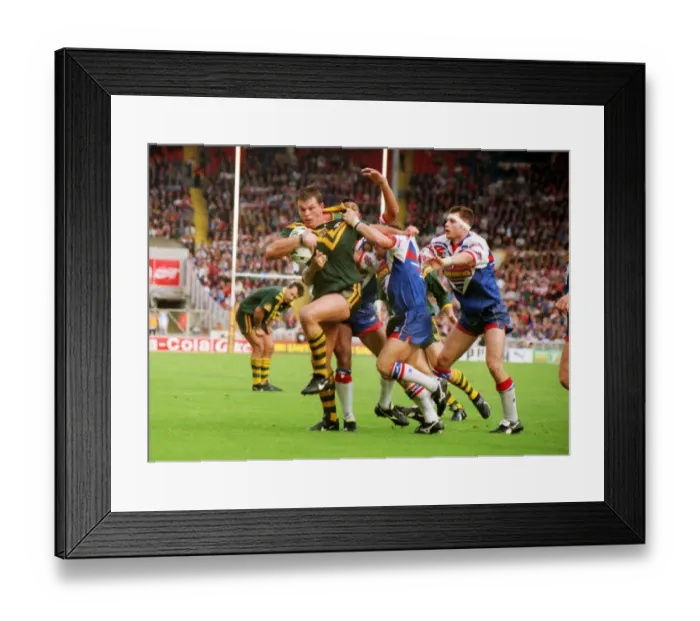 Framed Print : Australias Paul Harragon is tackled by several Great Britain defenders Framed Print : Australias Paul Harragon is tackled by several Great Britain defenders
