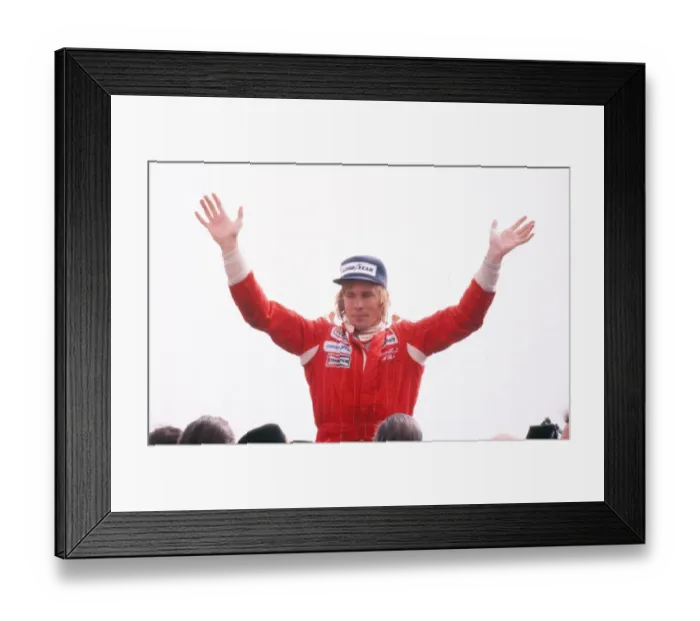 Framed Print : James Hunt celebrates after the 1976 British Grand Prix Framed Print : James Hunt celebrates after the 1976 British Grand Prix