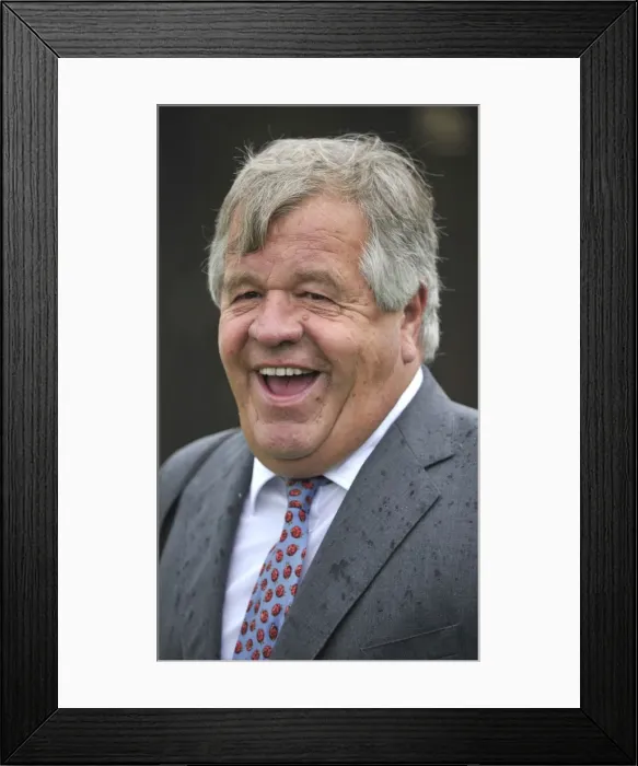 Framed Print : Horse Racing - Newmarket Races - July Cup Meeting. Trainer Michael Stoute laughing Framed Print : Horse Racing - Newmarket Races - July Cup Meeting. Trainer Michael Stoute laughing