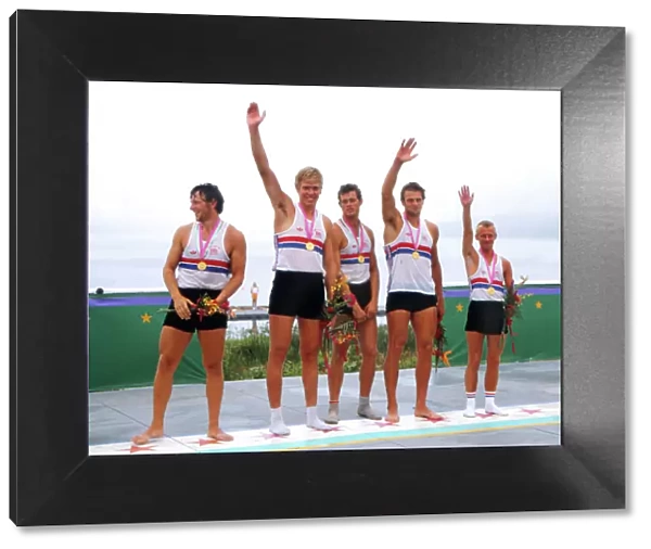 The victorious GB coxed fours rowers celebrate gold - 1984 Los Angeles Olympics
