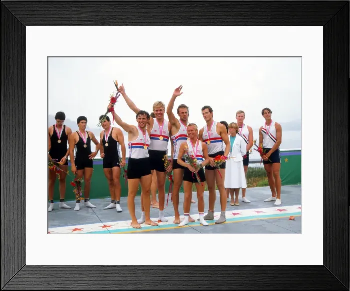 Framed Print : The victorious GB coxed fours rowers celebrate gold - 1984 Los Angeles Olympics Framed Print : The victorious GB coxed fours rowers celebrate gold - 1984 Los Angeles Olympics