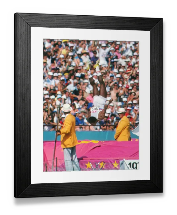Framed Print : Daley Thompsons famous backflip on the way to defending his Olympic decathlon title in Los Angeles Framed Print : Daley Thompsons famous backflip on the way to defending his Olympic decathlon title in Los Angeles