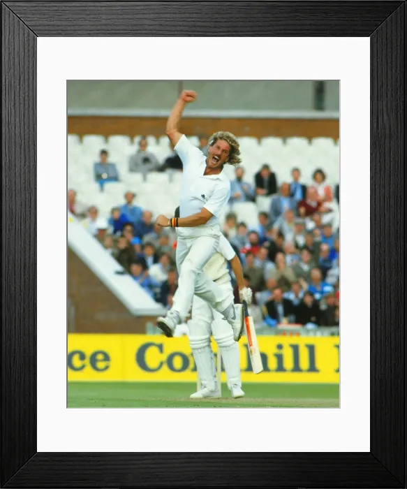 Framed Print : Ian Botham celebrates taking a wicket during the 1985 Ashes Framed Print : Ian Botham celebrates taking a wicket during the 1985 Ashes