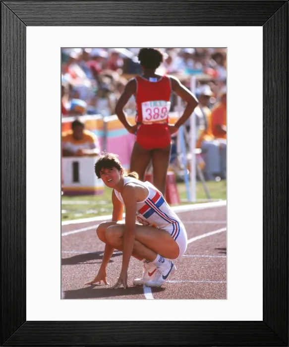 Framed Print : Kathy Cook looks nervously at the scoreboard to confirm her bronze medal win at the 1984 Olympics Framed Print : Kathy Cook looks nervously at the scoreboard to confirm her bronze medal win at the 1984 Olympics
