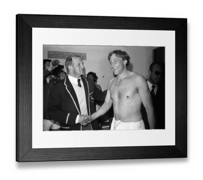 Framed Print : British Lions captain Wille John McBride shakes Springbok coach Johan Clssens hand after the final test in 1974 Framed Print : British Lions captain Wille John McBride shakes Springbok coach Johan Clssens hand after the final test in 1974