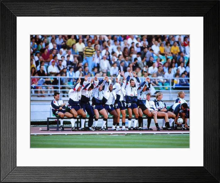 Framed Print : The England bench do a Mexican Wave during Italia 90 Framed Print : The England bench do a Mexican Wave during Italia 90