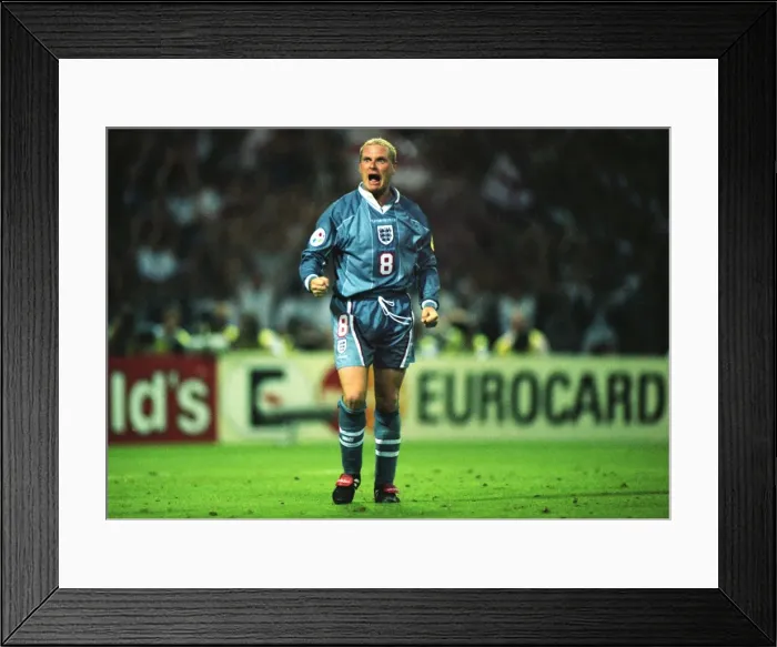 Framed Print : Paul Gascoigne celebrates scoring his penalty in the semi-final of Euro 96 Framed Print : Paul Gascoigne celebrates scoring his penalty in the semi-final of Euro 96