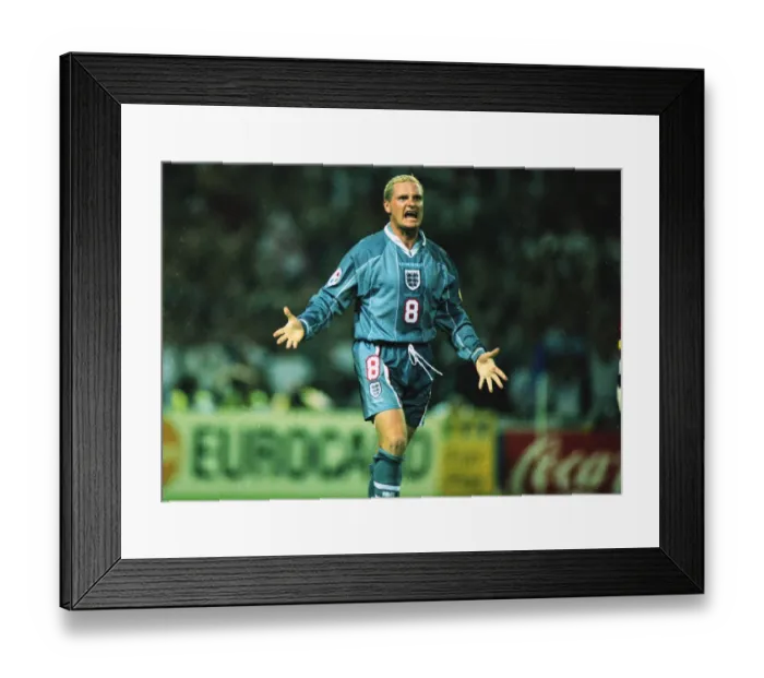 Framed Print : Paul Gascoigne celebrates scoring his penalty in the semi-final of Euro 96