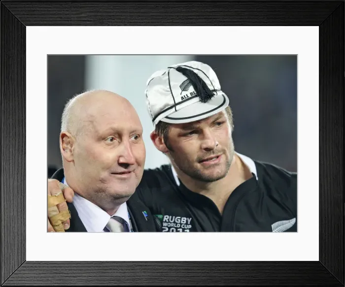 Framed Print : Former All Black Jock Hobbs presents Richie McCaw with his 100th cap Framed Print : Former All Black Jock Hobbs presents Richie McCaw with his 100th cap