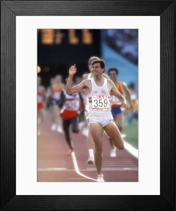 Framed Print : Seb Coe celebrates as he crosses the line to win 1500m gold at the 1984 Los Angeles Olympics