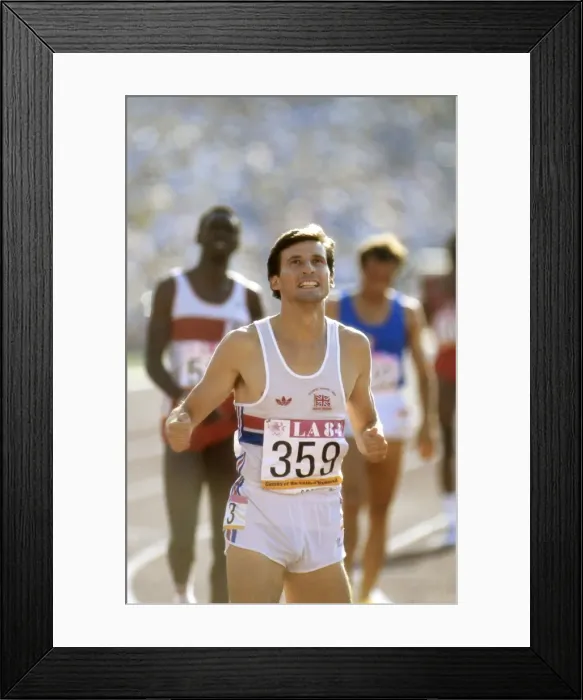 Framed Print : Seb Coe celebrates winning 1500m gold at the 1984 Los Angeles Olympics