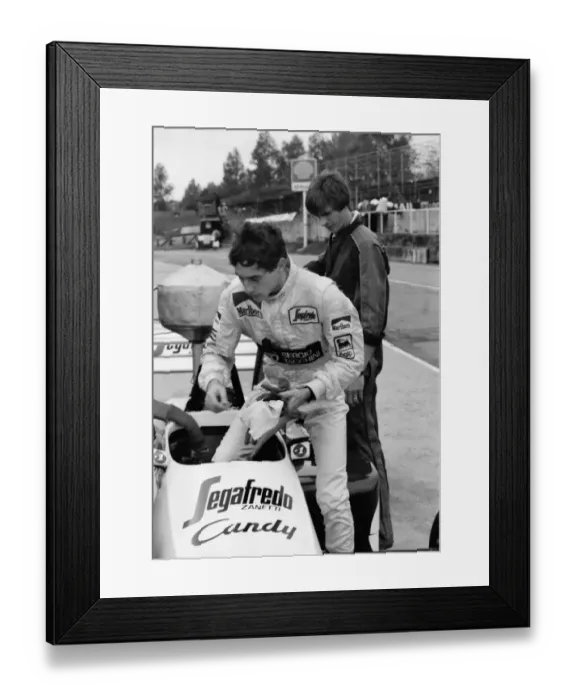 Framed Print : Ayrton Senna gets into his Toleman-Hart Car during practice for the 1984 British Grand Prix Practice Framed Print : Ayrton Senna gets into his Toleman-Hart Car during practice for the 1984 British Grand Prix Practice