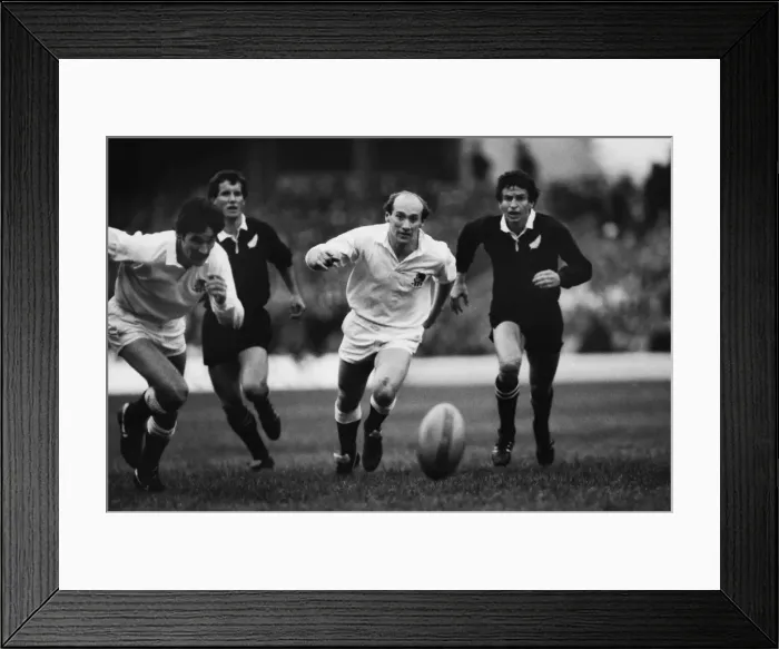 Framed Print : Englands Les Cusworth chases after the ball against the All Blacks in 1983 Framed Print : Englands Les Cusworth chases after the ball against the All Blacks in 1983