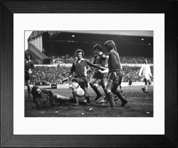 Framed Print : Wimbledons Dickie Guy makes another save against Leeds United in the 1975 FA Cup Framed Print : Wimbledons Dickie Guy makes another save against Leeds United in the 1975 FA Cup