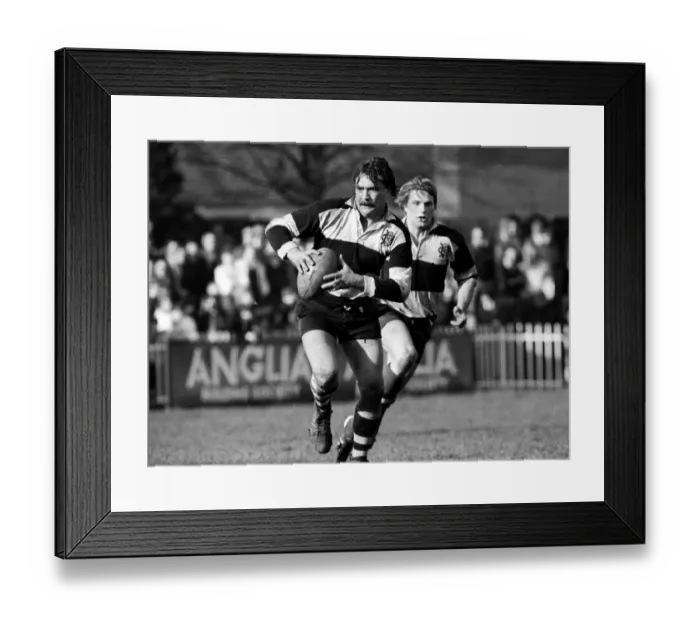 Framed Print : Bob Hesford on the ball for the Babarians during the 1982 Mobbs Memorial Match