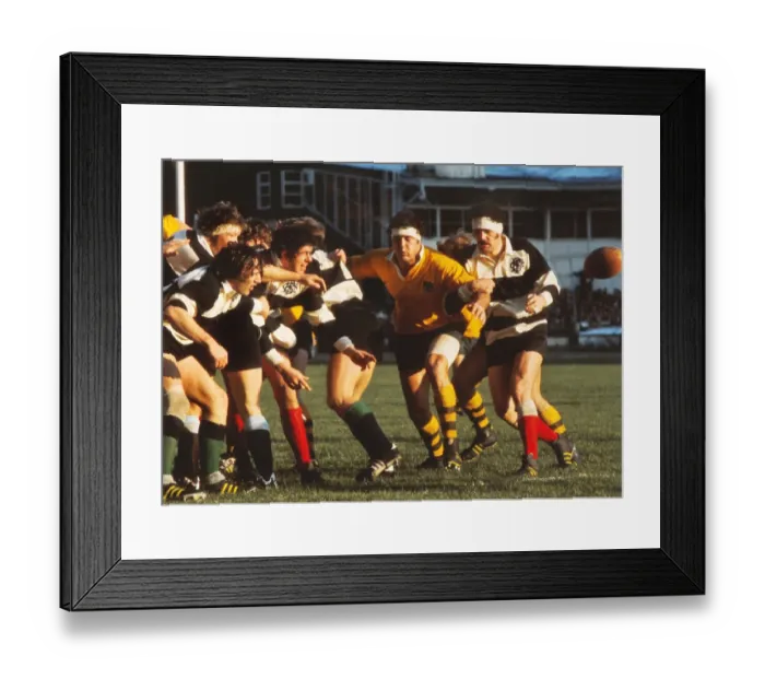 Framed Print : Mervyn Davies and Garrick Fay tangle during Australias Final Challenge against the Babarians in 1976 Framed Print : Mervyn Davies and Garrick Fay tangle during Australias Final Challenge against the Babarians in 1976