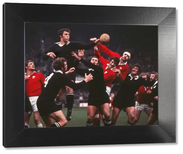 Wales Mervyn Davies jumps against the All Blacks Peter Whiting in 1972