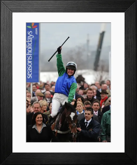 Framed Print : Katie Walsh celebrates winning the 2010 National Hunt Chase Challenge Cup at Cheltenham Framed Print : Katie Walsh celebrates winning the 2010 National Hunt Chase Challenge Cup at Cheltenham