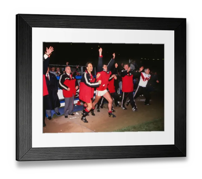 Framed Print : The Manchester United bench celebrate after reaching the 1990 FA Cup Final Framed Print : The Manchester United bench celebrate after reaching the 1990 FA Cup Final