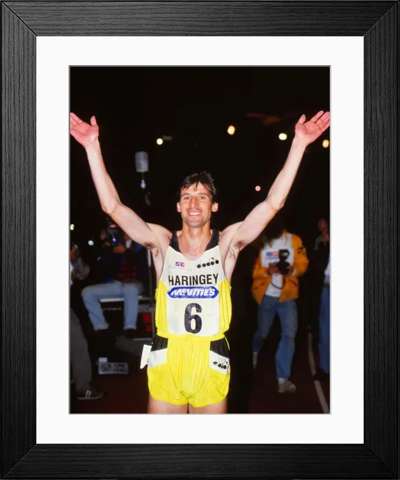 Framed Print : Athletics - McVities meeting at Crystal Palace 1989 - Mens 1500m Sebastian Coe of Great Britain raises his arms to the crowd after running in his last race in the UK before Framed Print : Athletics - McVities meeting at Crystal Palace 1989 - Mens 1500m Sebastian Coe of Great Britain raises his arms to the crowd after running in his last race in the UK before