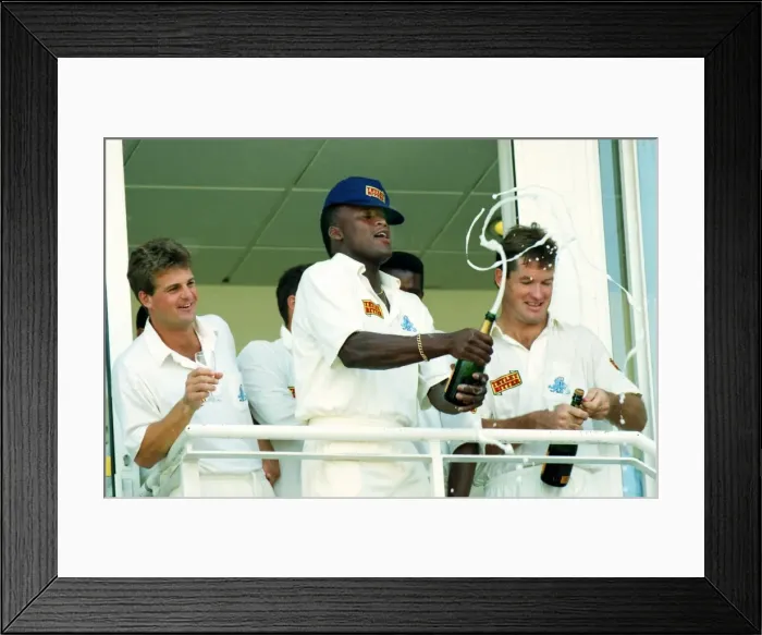 Framed Print : Devon Malcolm celebrates his match-winning performance at the Oval in 1994