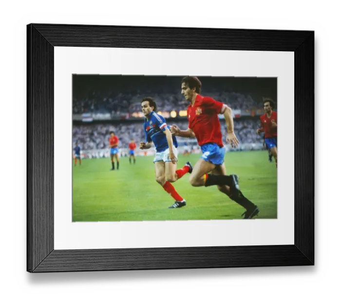 Framed Print : Spains Santiago Urquiaga and Frances Michel Platini - Euro 84 Final Framed Print : Spains Santiago Urquiaga and Frances Michel Platini - Euro 84 Final