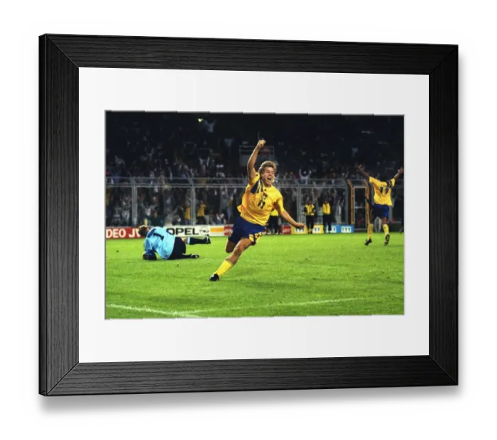 Framed Print : Swedens Tomas Brolin celebrates scoring the winning goal against England at Euro 92 Framed Print : Swedens Tomas Brolin celebrates scoring the winning goal against England at Euro 92