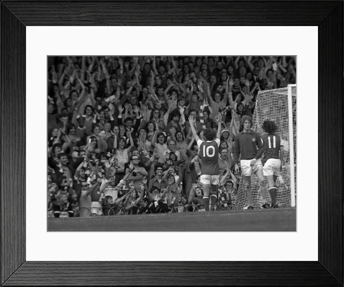 Framed Print : Arsenals Brian Kidd celebrates a goal in front of the North Bank Framed Print : Arsenals Brian Kidd celebrates a goal in front of the North Bank