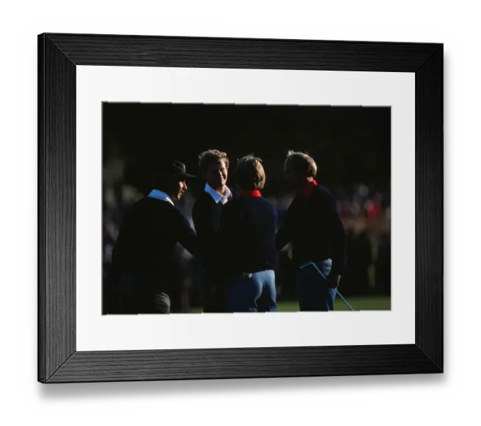 Framed Print : Europes Mark James and Sandy Lyle shake hands with the USAs Ben Crenshaw and Jerry Pate - 1981 Ryder Cup Framed Print : Europes Mark James and Sandy Lyle shake hands with the USAs Ben Crenshaw and Jerry Pate - 1981 Ryder Cup