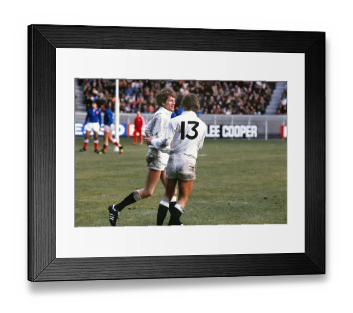 Framed Print : Englands Nick Preston celebrates his try against France with Clive Woodward - 1980 Five Nations Framed Print : Englands Nick Preston celebrates his try against France with Clive Woodward - 1980 Five Nations