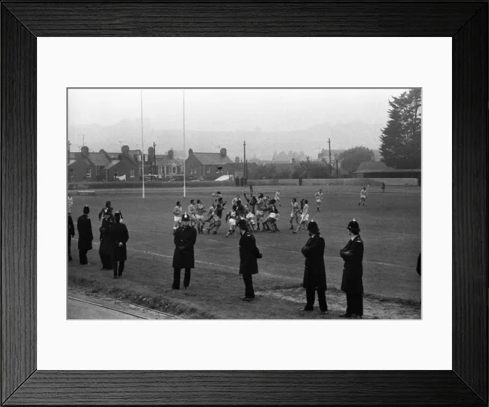 Framed Print : Policemen line the pitch during the South African Barbarians game against Devon in 1979 Framed Print : Policemen line the pitch during the South African Barbarians game against Devon in 1979