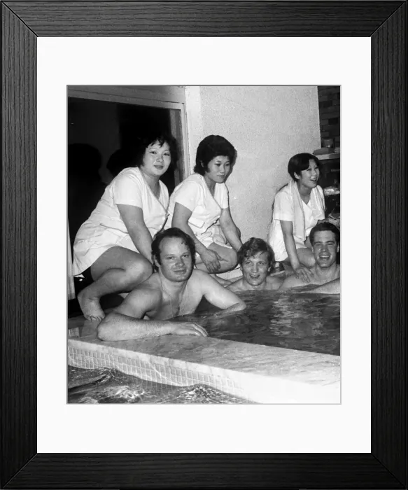 Framed Print : The 1972 Great Britain Olympic luge team relax in a bathouse in Sapporo, Japan Framed Print : The 1972 Great Britain Olympic luge team relax in a bathouse in Sapporo, Japan