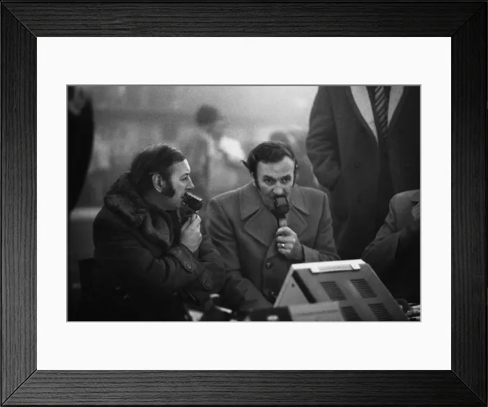 Framed Print : England manager Don Revie is interviewed by television commentator David Coleman in the fog after the game against Czechoslovakia was abandoned in 1975 Framed Print : England manager Don Revie is interviewed by television commentator David Coleman in the fog after the game against Czechoslovakia was abandoned in 1975