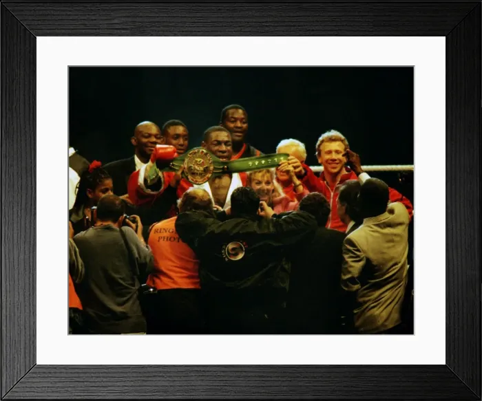 Framed Print : Frank Bruno celebrates winning the WBC title after defeating Oliver McCall Framed Print : Frank Bruno celebrates winning the WBC title after defeating Oliver McCall
