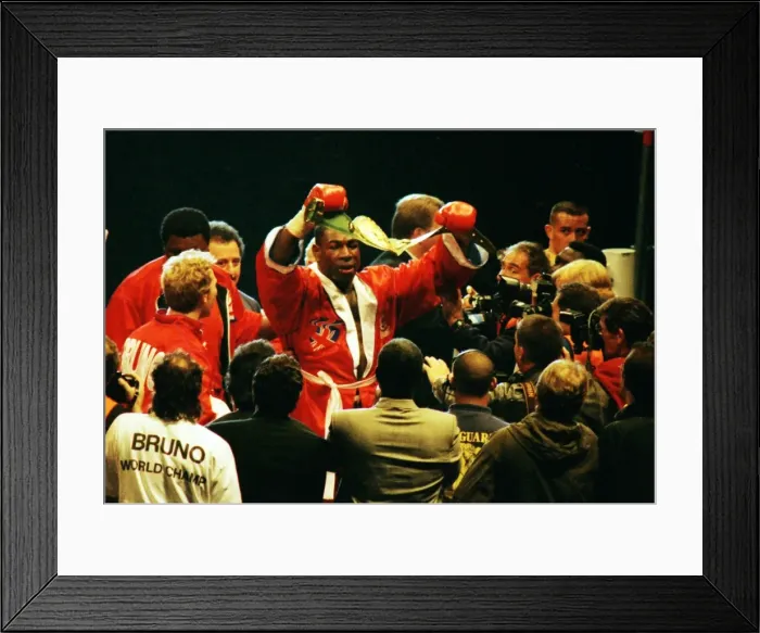 Framed Print : Frank Bruno celebrates winning the WBC title after defeating Oliver McCall Framed Print : Frank Bruno celebrates winning the WBC title after defeating Oliver McCall