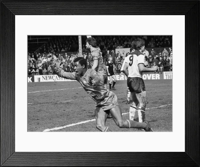 Framed Print : Chelseas Paul Canoville celebrates his goal against Fulham in 1983 Framed Print : Chelseas Paul Canoville celebrates his goal against Fulham in 1983