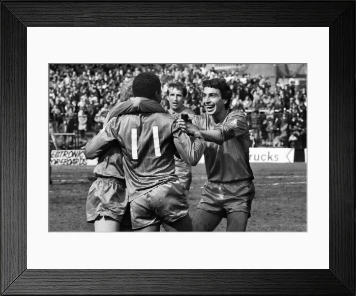 Framed Print : Chelseas Paul Canoville celebrates his goal against Fulham with teammate Peter Rhoades-Brown in 1983 Framed Print : Chelseas Paul Canoville celebrates his goal against Fulham with teammate Peter Rhoades-Brown in 1983