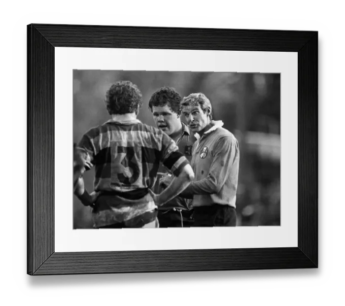 Framed Print : Referee Roger Quittenton talks to the forwards during Pontypools 1981 game with Australia Framed Print : Referee Roger Quittenton talks to the forwards during Pontypools 1981 game with Australia