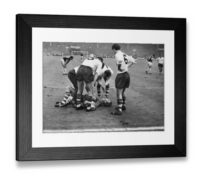 Framed Print : Preston goalkeeper Alan Kelly lies injured - 1964 FA Cup Final Framed Print : Preston goalkeeper Alan Kelly lies injured - 1964 FA Cup Final