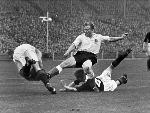Scotland goalkeeper Fred Martin makes a save at the feet of Englands Frank Blunstone - 1954  /  5 British Home Championship