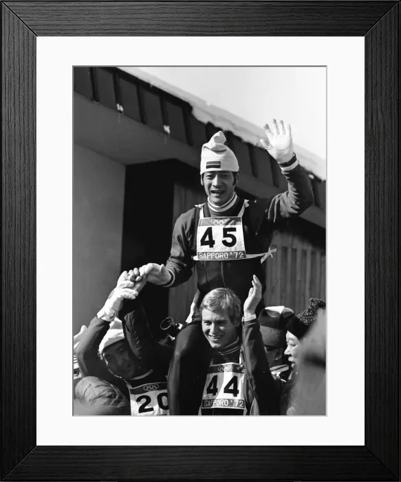 Framed Print : Yukio Kasaya celebrates winning Japans first Winter Olympic gold - 1972 Sapporo Olympics - Ski Jumping Framed Print : Yukio Kasaya celebrates winning Japans first Winter Olympic gold - 1972 Sapporo Olympics - Ski Jumping