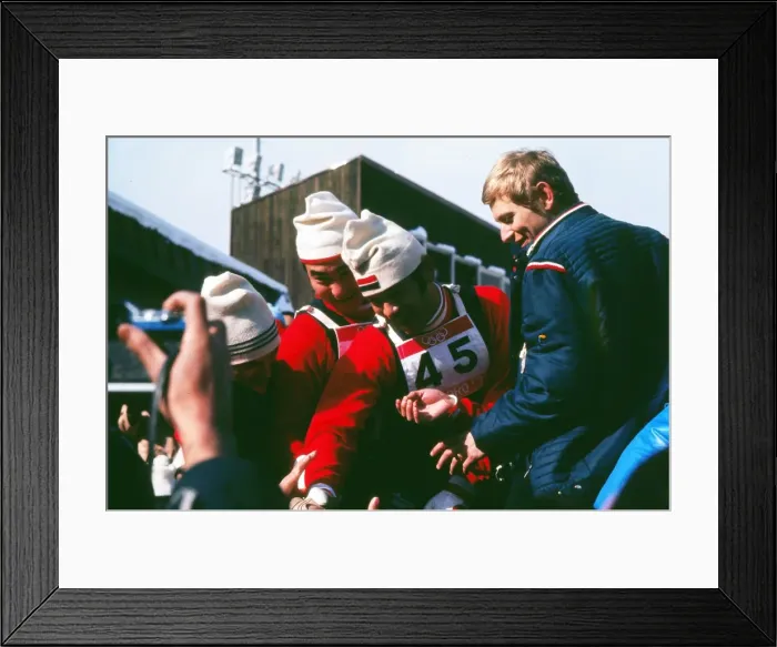 Framed Print : The three Japanese jumpers who had a clean-sweep of the medals celebrate - 1972 Sapporo Winter Olympics