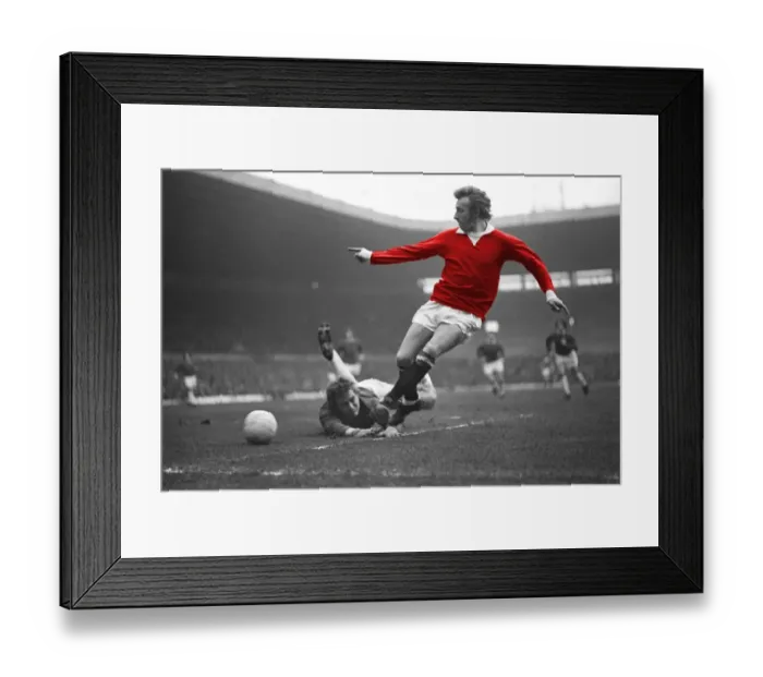 Framed Print : Denis Law scores for Manchester United (colour popped)