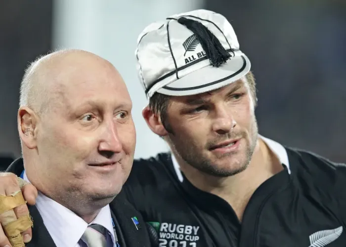 Framed Print : Former All Black Jock Hobbs presents Richie McCaw with his 100th cap Framed Print : Former All Black Jock Hobbs presents Richie McCaw with his 100th cap