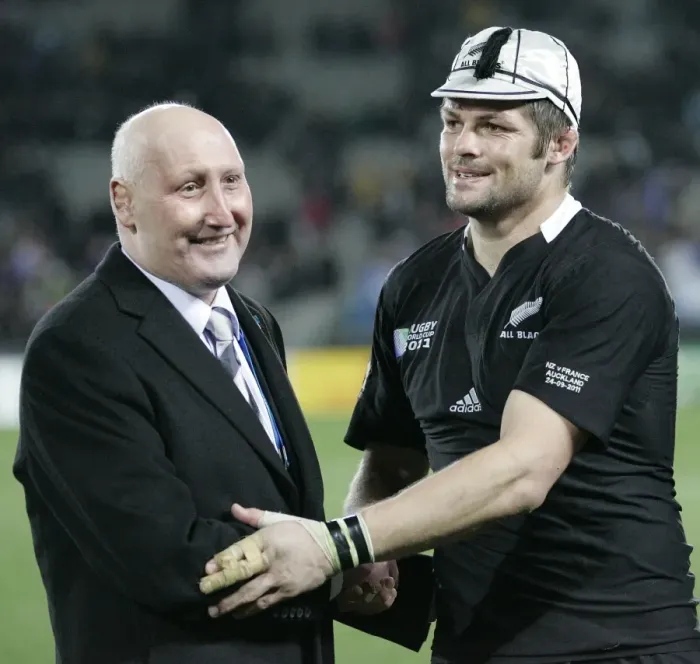 Framed Print : Former All Black Jock Hobbs presents Richie McCaw with his 100th cap Framed Print : Former All Black Jock Hobbs presents Richie McCaw with his 100th cap