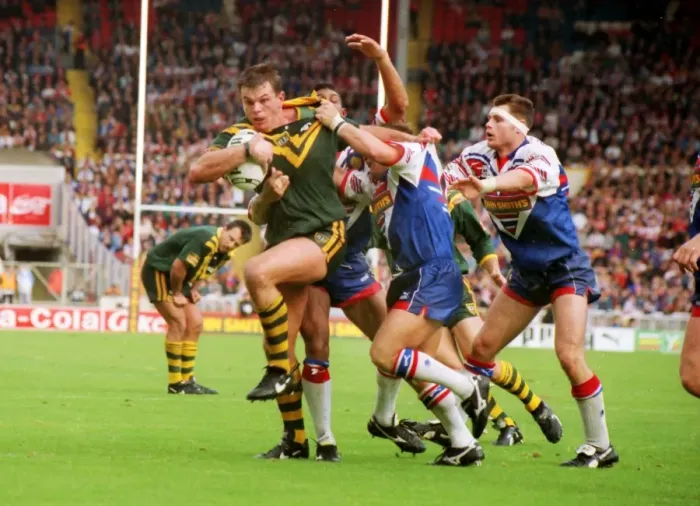 Framed Print : Australias Paul Harragon is tackled by several Great Britain defenders Framed Print : Australias Paul Harragon is tackled by several Great Britain defenders