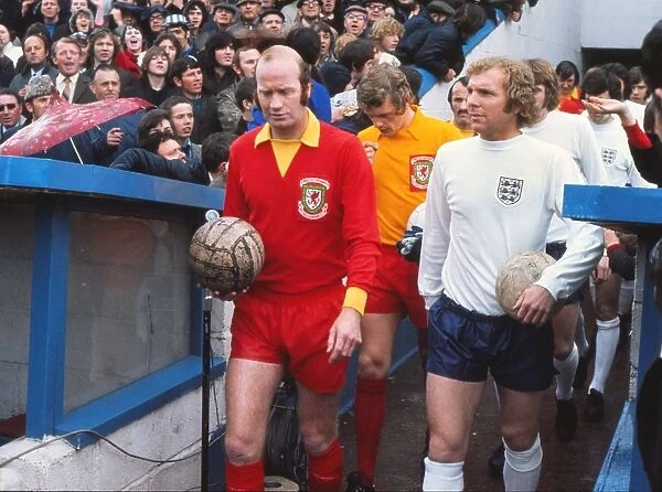 Bobby Moore and Peter Hennessey lead the sides out in the 1972 British Home Championship